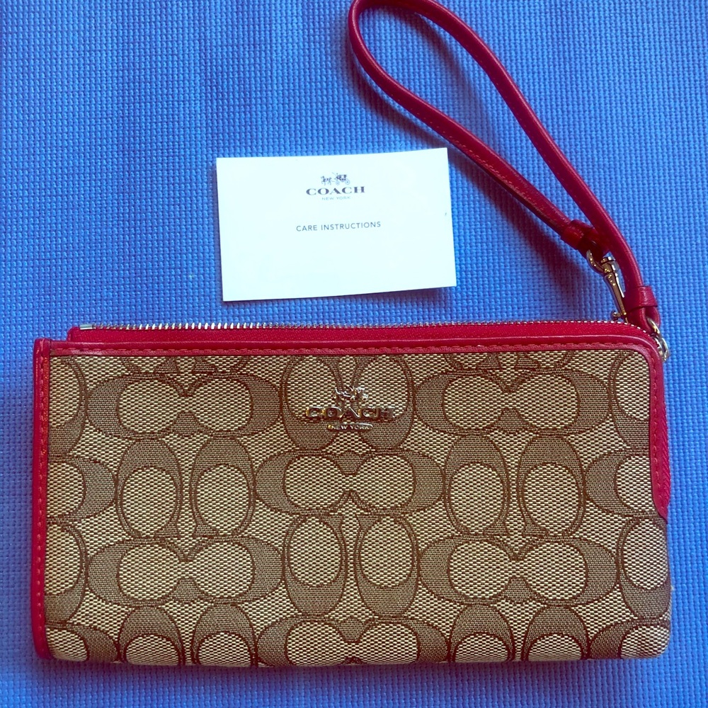 Coach wallet wristlet tan and red